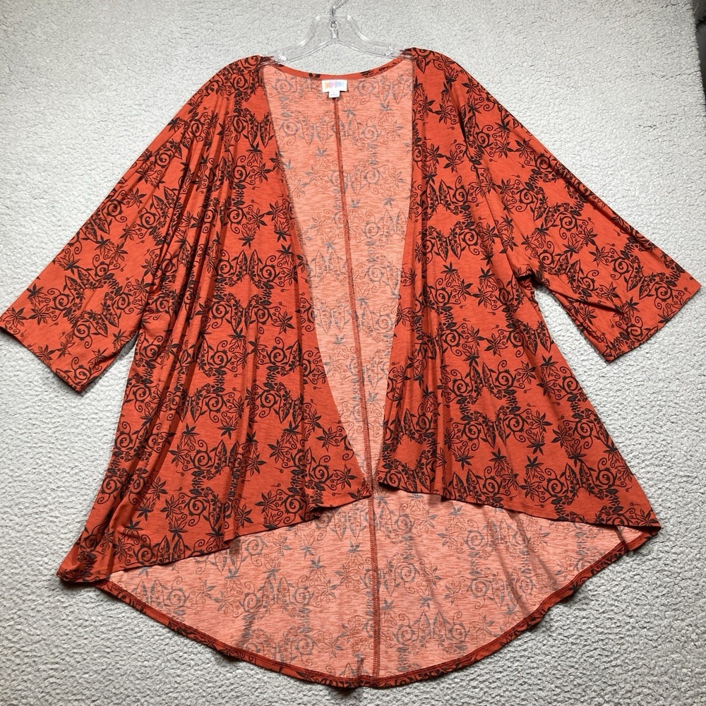 Lularoe Cardigan Women's Large Orange Black Damask Open Front Stretchy Long